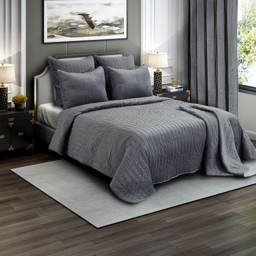  Brielle Premium Heavy Velvet Quilt Set with Cotton Backing, King, Grey