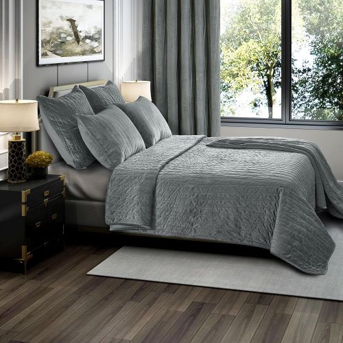  Brielle Premium Heavy Velvet Quilt Set with Cotton Backing, King, Grey