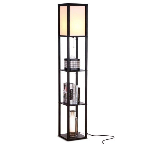  Brightech Maxwell - LED Shelf Floor Lamp - Modern Standing Light for Living Rooms & Bedrooms - Asian Wooden Frame with Open Box Display Shelves - Black