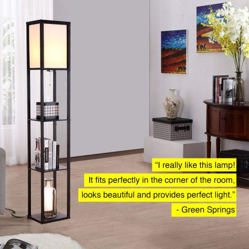  Brightech Maxwell - LED Shelf Floor Lamp - Modern Standing Light for Living Rooms & Bedrooms - Asian Wooden Frame with Open Box Display Shelves - Black