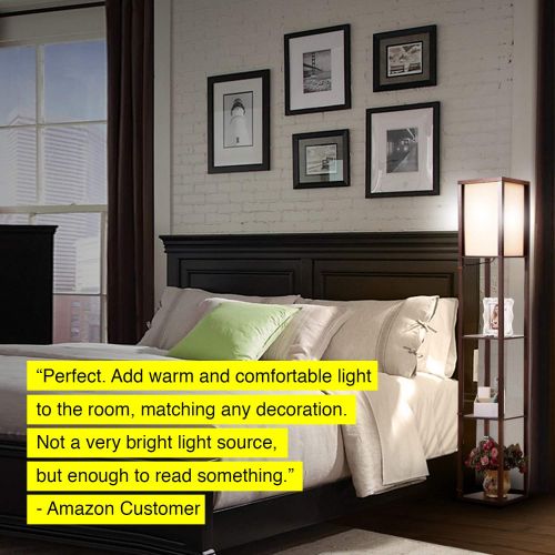  Brightech Maxwell - LED Shelf Floor Lamp - Modern Standing Light for Living Rooms & Bedrooms - Asian Wooden Frame with Open Box Display Shelves - Black