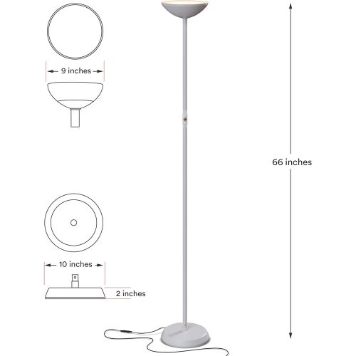  Brightech SkyLite LED Torchiere Floor Lamp  Bright, High Lumen Uplight for Reading In Living Rooms & Offices - 3 Way Dimmable to 30% Brightness - Tall Standing Pole Light - White