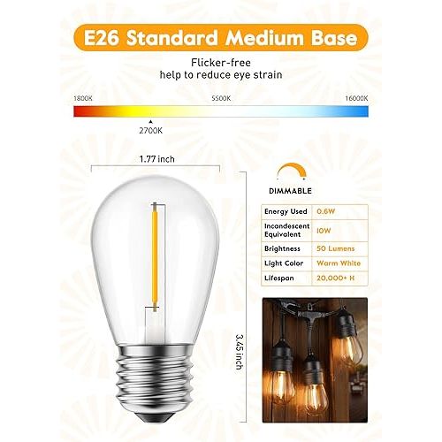  Brightown 25 Pack LED S14 Replacement Light Bulbs, Shatterproof E26 Medium Base Edison Vintage Bulbs Equivalent to 11 W, Fits for Commercial Outdoor Patio Garden Vintage Lights, 2700K, Warm White