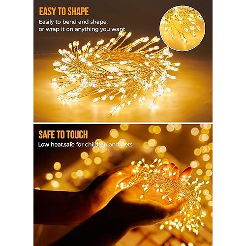  10Feet Battery Operated Fairy Lights, 120LEDs Firecracker String Lights Waterproof Silver Wire Starry Firefly Lights for DIY Wreath Home Weeding Indoor Outdoor Christmas Decorations, Warm White