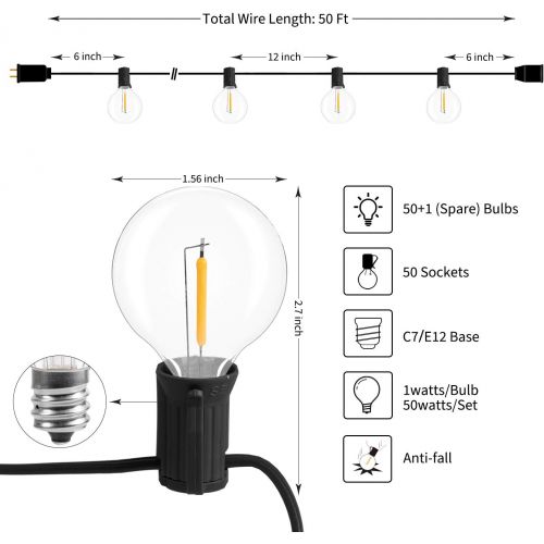  [아마존 핫딜] [아마존핫딜]Brightown 50Ft. LED G40 Outdoor Patio String Lights with 50 Shatterproof LED Clear Globe Bulbs, Warm White Ambience Indoor & Outdoor Lights for Patio Garden Backyard Bistro Pergola Tents Gaz