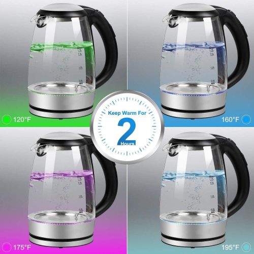  [아마존베스트]Brightown Electric Tea Kettle Temperature Control with 4 Colors Led Light Hot Water Glass Pot Variable Fast Heating Auto Shut off and Boil dry Protection (1.7L 1500W)