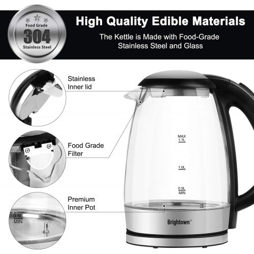  [아마존베스트]Brightown Electric Tea Kettle Temperature Control with 4 Colors Led Light Hot Water Glass Pot Variable Fast Heating Auto Shut off and Boil dry Protection (1.7L 1500W)