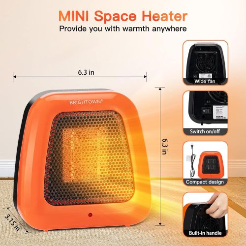  Brightown Mini Space Heater, 400W Low Wattage Personal Desk Heater with Tip Over Protection for Office Table Desk Indoors, Compact and Portable, Orange
