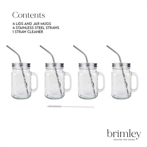  [아마존베스트]Mason Jar Mugs with Glass Handles and Metal Straws, Brimley 16oz Drinking Glasses Set of 4