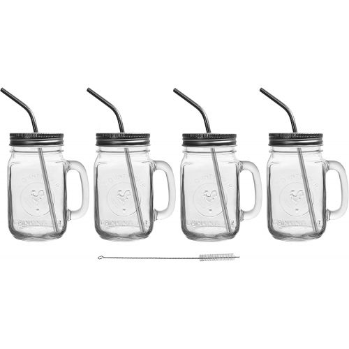  [아마존베스트]Mason Jar Mugs with Glass Handles and Metal Straws, Brimley 16oz Drinking Glasses Set of 4