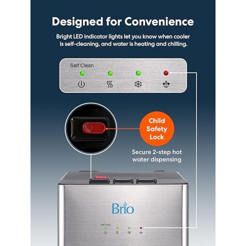 Brio Self Cleaning Bottleless Water Cooler Dispenser, UL Approved, Stainless Steel, Point of Use Drinking Water Filter, Hot, Cold, and Room Temperature