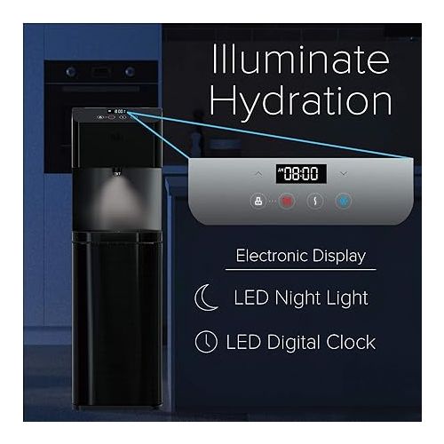  Brio Moderna UV Self Cleaning Bottleless Water Cooler Dispenser with Filtration - Adjustable Temperature - Digital Clock - LED Nightlight - Tri Temp Hot, Cold, and Room, Black Stainless Steel