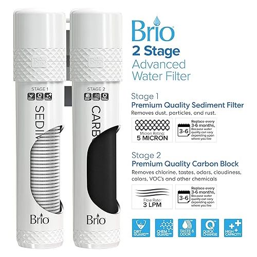  Brio 520 Bottleless Water Cooler Dispenser with 2 Stage Filtration - Self Cleaning, Hot Cold and Room Temperature Water. 2 Free Extra Replacement Filters Included - UL Approved