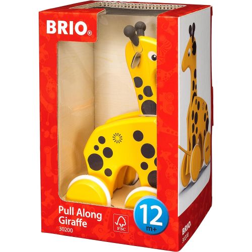  BRIO 30200 Infant & Toddler - Pull Along Giraffe Wood Baby Toy with Bobbing Head for Kids Ages 1 and up, Yellow/Brown