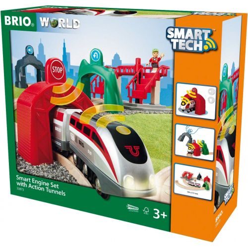  Brio World Smart Tech 33873 - Large Smart Engine Set with Action Tunnels, Includes 17 Pieces, Smart Engine and Tunnels, Wooden Tracks for Wooden Train, Railway