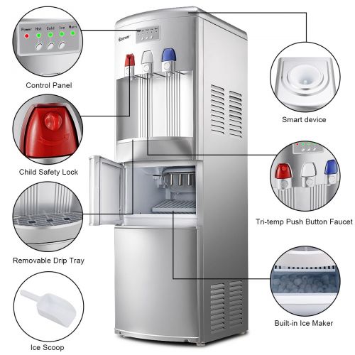  Brio Costway 2-in-1 Water Cooler Dispenser with Built-in Ice Maker Freestanding Hot Cold Top Loading Water Dispenser 27LB/24H Ice Machine with Child Safety Lock, Silver