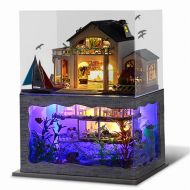 Briskreen DIY Dollhouse Kit Miniature with Furniture，Hawaii Style Double-Story Wooden Dollhouse with Led Light，Creative Room Perfect DIY Gift for Friends,Lovers and Families with D
