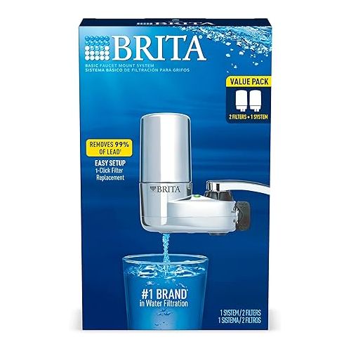  Brita Basic Faucet Mount Water Filtration System, BPA-Free Faucet Water Purifier for Sink, Filter Replaces 2,250 Plastic Water Bottles a Year, Lasts Four Months, Includes 1 System/2 Filters, Chrome