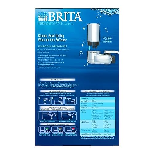  Brita Basic Faucet Mount Water Filtration System, BPA-Free Faucet Water Purifier for Sink, Filter Replaces 2,250 Plastic Water Bottles a Year, Lasts Four Months, Includes 1 System/2 Filters, Chrome