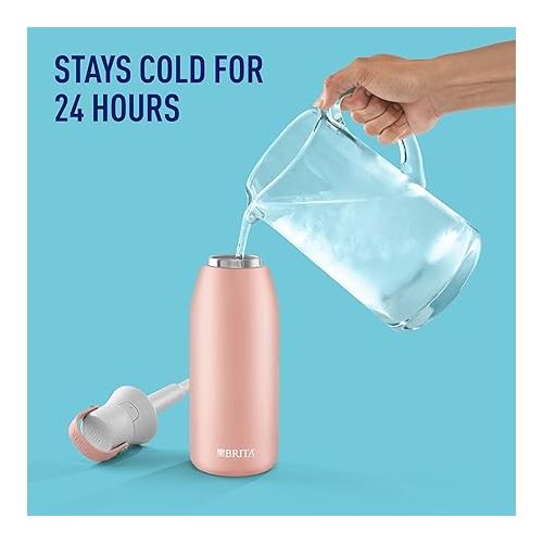  Brita Stainless Steel Premium Filtering Water Bottle, BPA-Free, Replaces 300 Plastic Water Bottles, Filter Lasts 2 Months or 40 Gallons, Includes 1 Filter, Kitchen Accessories, Rose - 32 oz.