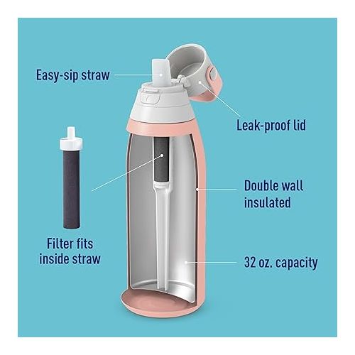  Brita Stainless Steel Premium Filtering Water Bottle, BPA-Free, Replaces 300 Plastic Water Bottles, Filter Lasts 2 Months or 40 Gallons, Includes 1 Filter, Kitchen Accessories, Rose - 32 oz.