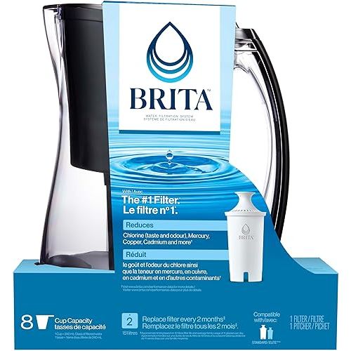  Brita Medium 8 Cup Water Filter Pitcher with 1 Standard Filter, BPA Free - Marina, Black