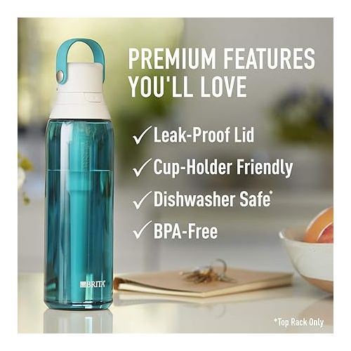  Brita Hard-Sided Plastic Premium Filtering Water Bottle, BPA-Free, Replaces 300 Plastic Water Bottles, Filter Lasts 2 Months or 40 Gallons, Includes 1 Filter, Kitchen Accessories, Sea Glass - 26 oz