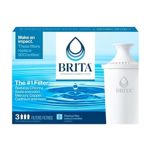  Brita Standard Water Filter, BPA-Free, Replaces 1,800 Plastic Water Bottles a Year, Lasts Two Months or 40 Gallons, Includes 3 Filters, Kitchen Essential