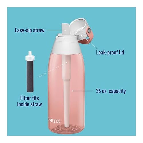  Brita Hard-Sided Plastic Premium Filtering Water Bottle, BPA-Free, Reusable, Replaces 300 Plastic Water Bottles, Filter Lasts 2 Months or 40 Gallons, Includes 1 Filter, Blush - 36 oz.
