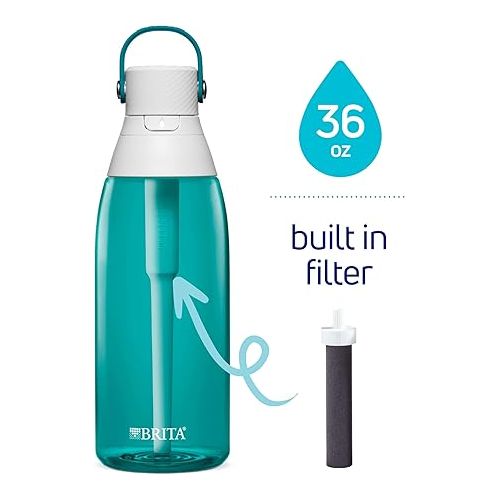  Brita Hard-Sided Plastic Premium Filtering Water Bottle, BPA-Free, Reusable, Replaces 300 Plastic Water Bottles, Filter Lasts 2 Months or 40 Gallons, Includes 1 Filter, Sea Glass - 36 oz.