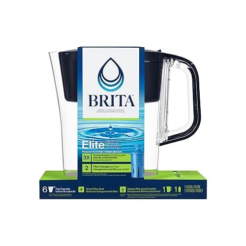 Brita Water Filter Space Saver Pitcher for Tap and Drinking Water with 1 Elite Filter, Black