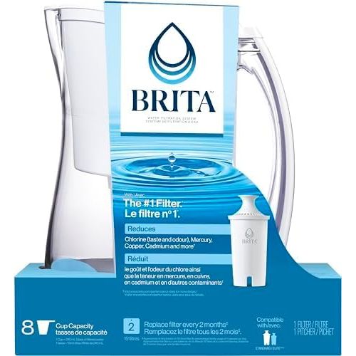  Brita Medium 8 Cup Water Filter Pitcher with 1 Standard Filter, BPA Free - Marina, White