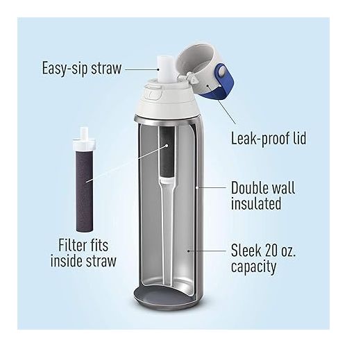  Brita Stainless Steel Premium Filtering Water Bottle, BPA-Free, Reusable, Insulated, Replaces 300 Plastic Water Bottles, Filter Lasts 2 Months or 40 Gallons, Includes 1 Filter, Stainless - 20 oz.