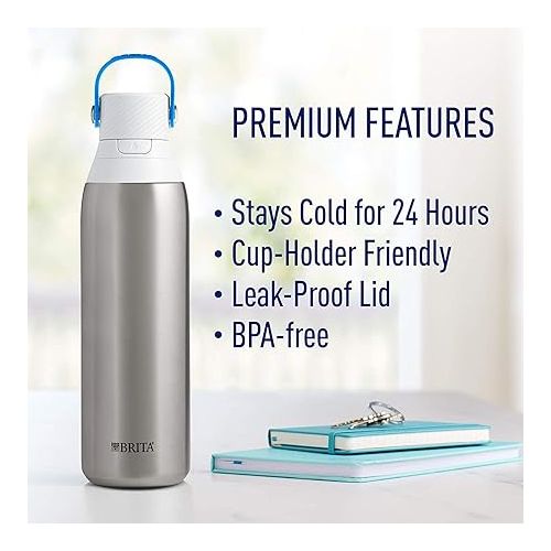  Brita Stainless Steel Premium Filtering Water Bottle, BPA-Free, Reusable, Insulated, Replaces 300 Plastic Water Bottles, Filter Lasts 2 Months or 40 Gallons, Includes 1 Filter, Stainless - 20 oz.