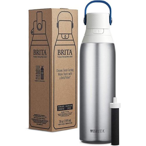  Brita Stainless Steel Premium Filtering Water Bottle, BPA-Free, Reusable, Insulated, Replaces 300 Plastic Water Bottles, Filter Lasts 2 Months or 40 Gallons, Includes 1 Filter, Stainless - 20 oz.