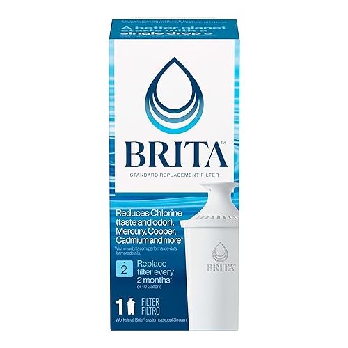  Brita Standard Water Filter, BPA-Free, Replaces 1,800 Plastic Water Bottles a Year, Lasts Two Months or 40 Gallons, Includes 1 Filter, Kitchen Essential