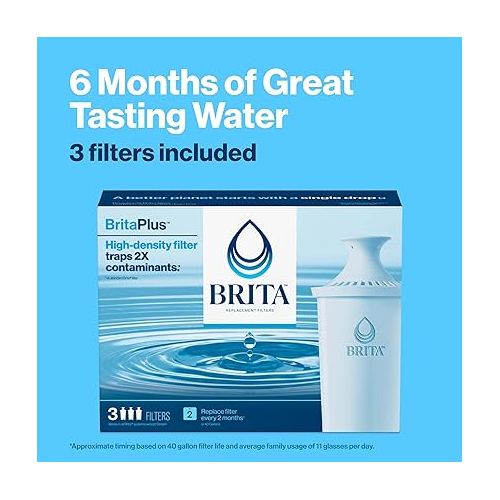  Brita Plus Water Filter, BPA-Free, High-Density Replacement Filter for Pitchers and Dispensers, Reduces 2x Contaminants*, Lasts Two Months or 40 Gallons, Includes 3 Filters