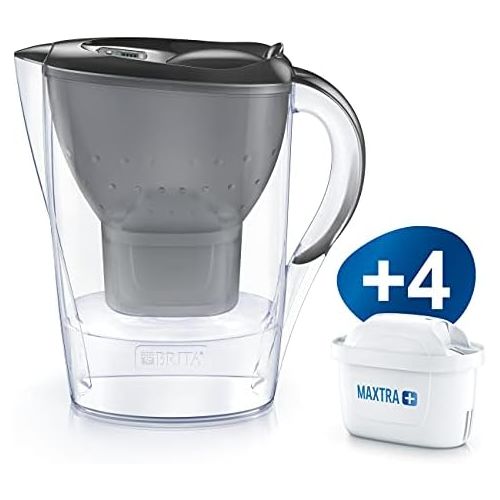  BRITA Marella Water Filter Grey Including 4 Maxtra+ Filter Cartridges - Brita Filter Value Pack for Reducing Lime, Chlorine, Lead, Copper & Flavour-Disrupting Substances in the Wat