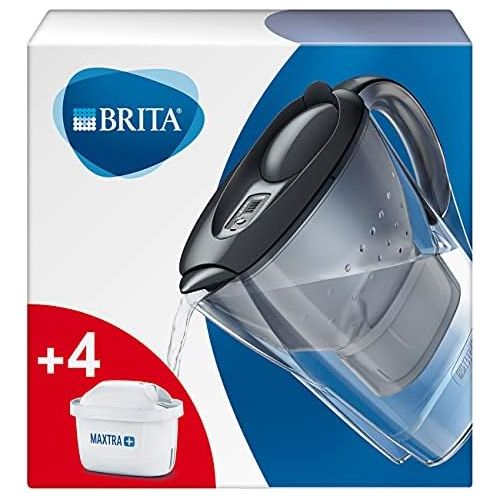  BRITA Marella Water Filter Grey Including 4 Maxtra+ Filter Cartridges - Brita Filter Value Pack for Reducing Lime, Chlorine, Lead, Copper & Flavour-Disrupting Substances in the Wat