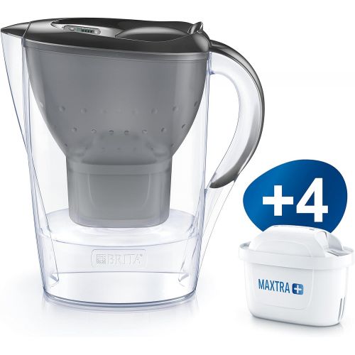  BRITA Marella Water Filter Grey Including 4 Maxtra+ Filter Cartridges - Brita Filter Value Pack for Reducing Lime, Chlorine, Lead, Copper & Flavour-Disrupting Substances in the Wat