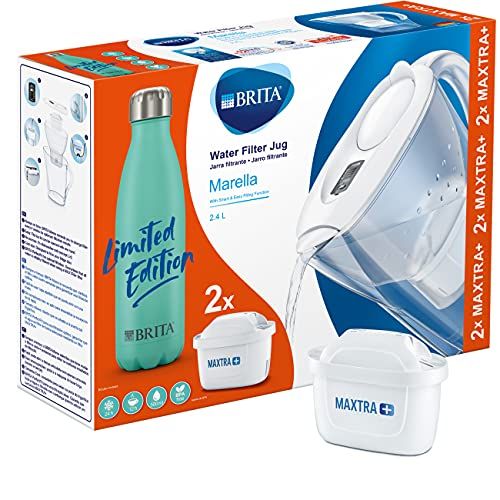  BRITA Marella Bundle Pack White with Aqua Insulated Stainless Steel Bottle - Filter Jug Reduces Chlorine, Limescale and Impurities Including 2 Maxtra + Filter Cartridges