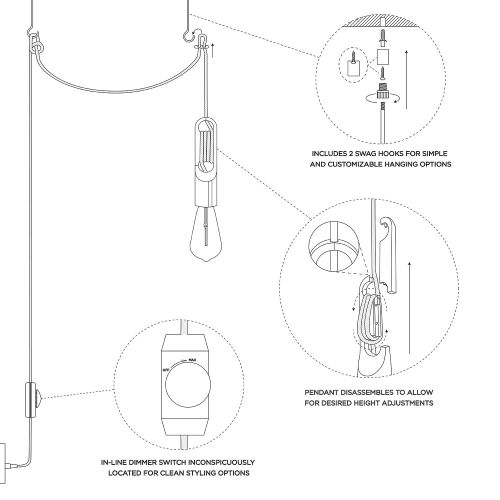  Brass Industrial Plugin Pendant Light- Adjustable Height Clasp,16.5 Ft. Black Cord, Vintage Style, Fully Dimmable, Swag Kit Included, Brooklyn Bulb Co. Astor Collection- ETL Listed