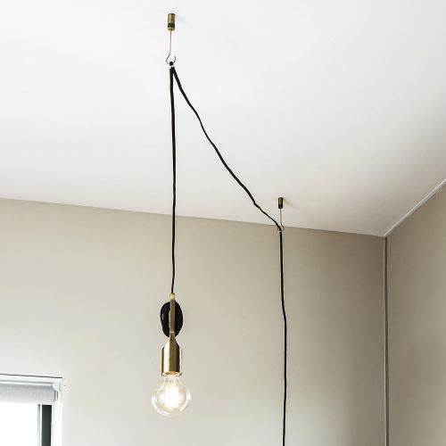  Brass Industrial Plugin Pendant Light- Adjustable Height Clasp,16.5 Ft. Black Cord, Vintage Style, Fully Dimmable, Swag Kit Included, Brooklyn Bulb Co. Astor Collection- ETL Listed