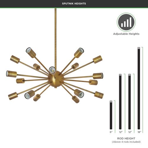  Brooklyn Bulb Co. Brass Sputnik Chandelier 18 Light - Mid-Century Sphere Ceiling Fixture, Modern Starburst Style, Dimmable, Damp Located - ETL Listed