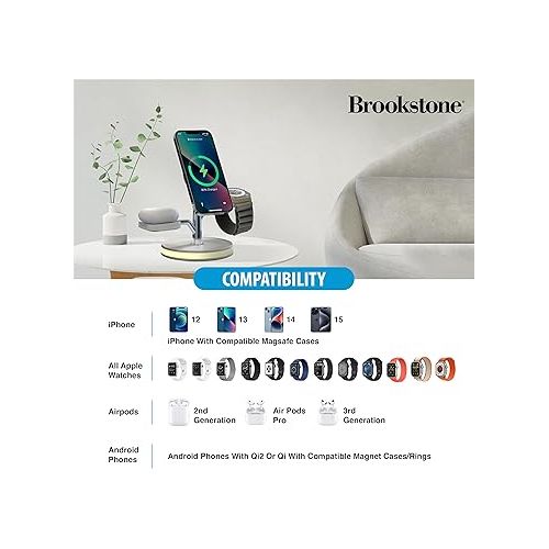  Brookstone 3 in 1 Wireless Charging Station Compatible with MagSafe Charger for Apple Fast Wireless Charger Stand for iPhone 15,14,13,12 Pro Max Series, iWatch Series, Airpods 3, 2, Pro