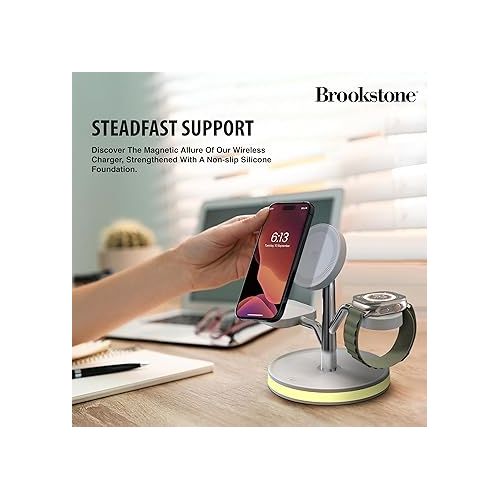  Brookstone 3 in 1 Wireless Charging Station Compatible with MagSafe Charger for Apple Fast Wireless Charger Stand for iPhone 15,14,13,12 Pro Max Series, iWatch Series, Airpods 3, 2, Pro