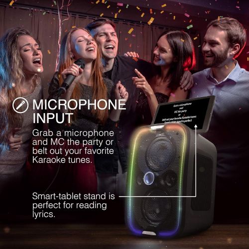  Brookstone Big Blue Go High Power Wireless Indoor/Outdoor Portable Speaker, Bluetooth, Built-in Qi Charging Pad, LED Party Lights, Karaoke Mic Input, High-Res Audio, Intense Bass,