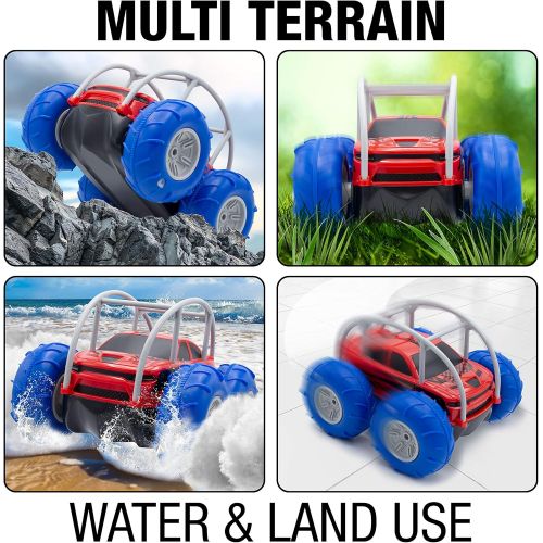  Brookstone Amphibious Remote Control Car for Kids (Red/Blue) ? Stunt Force All-Terrain High Speed Waterproof RC Car 4x4 AWD 2.4GHz w Rechargeable Battery for Boys/Girls