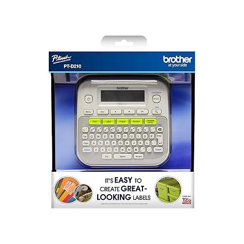 브라더 Brother P-touch, PTD210, Easy-to-Use Label Maker, One-Touch Keys, Multiple Font Styles, 27 User-Friendly Templates, White, Gray/White