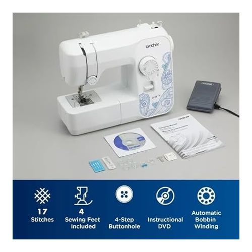 브라더 Brother LX3817 17-Stitch Portable Full-Size Sewing Machine, Lightweight, 4 Included Sewing Feet, White, with MTC Microfiber Cloth